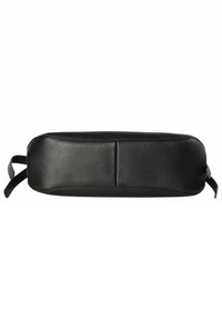 Borsa in pelle nera con superficie texturizzata, di forma rettangolare, dotata di due manici laterali e un design minimalista caratterizzato da una cucitura centrale.