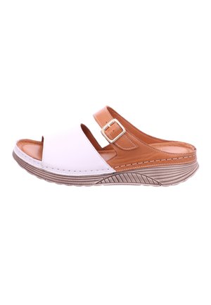Brown and white slide sandal with an open toe, adjustable buckle strap, textured rubber sole, and stitching detail along the edges.