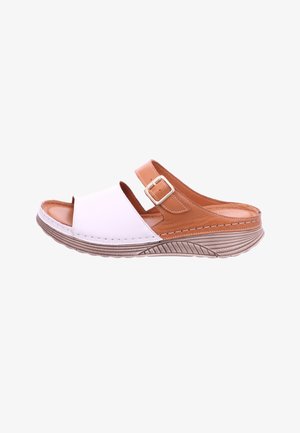 Brown and white slide sandal with an open toe, adjustable buckle strap, textured rubber sole, and stitching detail along the edges.