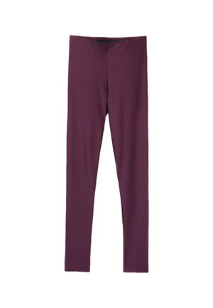 Leggings viola realizzati in tessuto elasticizzato, con una texture liscia e un cinturino alto per una silhouette aderente. Senza cuciture o motivi visibili.