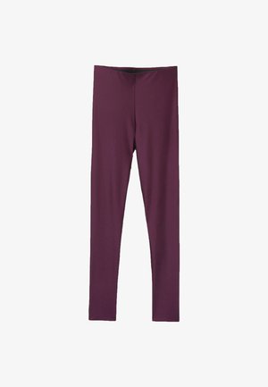 Leggings viola realizzati in tessuto elasticizzato, con una texture liscia e un cinturino alto per una silhouette aderente. Senza cuciture o motivi visibili.