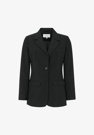 Crni blejzer od glatkog materijala, s reverom, jednom dugmadi, dva prednja džepa i uskim krojem.