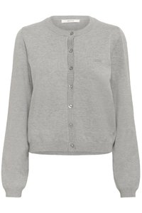 Gray knitted cardigan with a round neckline, long sleeves, and button front closure. Features ribbed cuffs and hem, with logo embroidery.