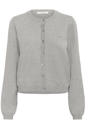 Cárdigan de punto gris con cuello redondo, mangas largas y cierre frontal con botones. Cuenta con puños y bajo acanalados, con bordado del logo.