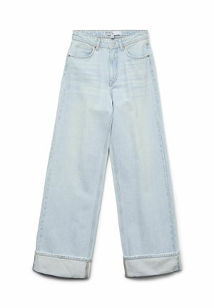 Lyseblå denim-bredbenede jeans med høj talje, op-rullede cuffe og standard fem-lomme design med diskret falming.