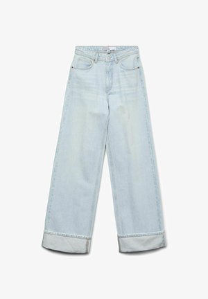 Lyseblå denim-bredbenede jeans med høj talje, op-rullede cuffe og standard fem-lomme design med diskret falming.