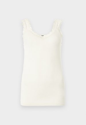 Weißes ärmelloses Damen-Top mit Spitzenbesatz entlang der Träger und des V-Ausschnitts, auf schlichtem Hintergrund präsentiert.