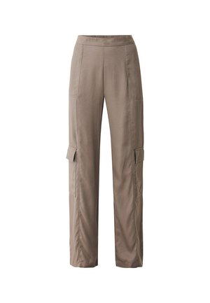 Pantalones cargo beige de talle alto con dos bolsillos laterales y textura de tela suave. Presentan un corte recto y detalles de costura.