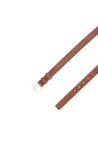 Brauner Leder-Gürtel mit Krokodilprägung, goldener Schnalle und mehreren Einstelllöchern auf einem weißen Hintergrund.