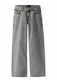 Grå vidbente denimjeans med frontknapper, glidelås og fem lommer, vist flatt på hvit bakgrunn.