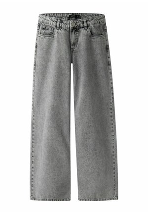 Hallid laia säärega teksapüksid, ees lukustus nööbi ja tõmblukuga ning viie taskuga, asetatud valgele taustale. 