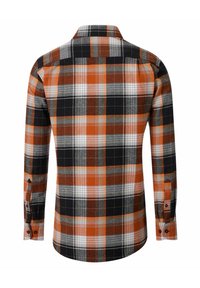 Langärmliges Karhemd mit karottengelben, schwarzen, grauen und weißen Karomustern, einem Button-Down-Kragen und umgeschlagenen Ärmeln.
