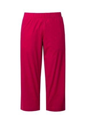 Czerwone krótkie spodnie wykonane z lekkiego materiału, z elastycznym pasem, charakteryzujące się gładką teksturą oraz prostym krojem nogawek.