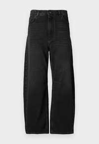 Bredde ben sorte denimjeans lavet af slidstærkt stof, med høj talje, store frontlommer og et rent, minimalistisk syningsdesign.