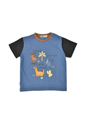 Maglietta blu per bambini con maniche nere, colletto marrone e dinosauri colorati, palma e cactus con la scritta "Una giornata così bella con gli amici."