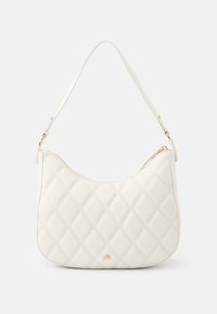 White quilted handbag made of leather, featuring a curved shape, gold hardware, and a zippered closure. Flat strap for carrying.