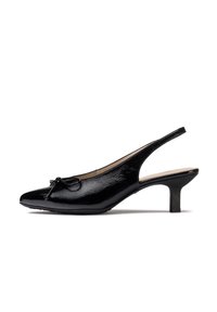 Escarpins ouverts à l'arrière en cuir verni noir avec un bout pointu, ornés d'un nœud et d'un talon bas et épais. Texture lisse, design élégant.