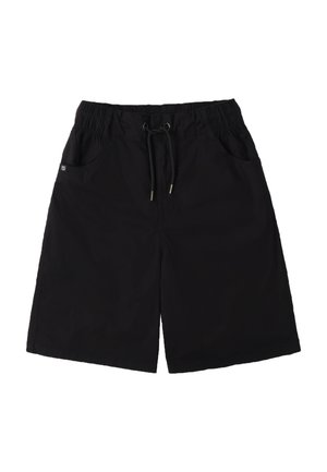 Pantalones cortos negros hechos de tejido ligero, con una cintura elástica con cordón, dos bolsillos frontales y una textura suave.