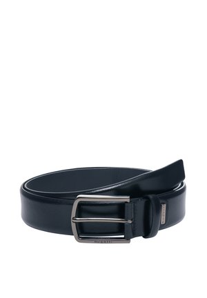 Black leather belt with a smooth texture, silver rectangular buckle, and a subtle logo accent. Classic design with a flat edge.