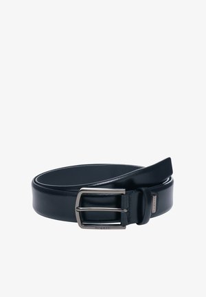 Black leather belt with a smooth texture, silver rectangular buckle, and a subtle logo accent. Classic design with a flat edge.
