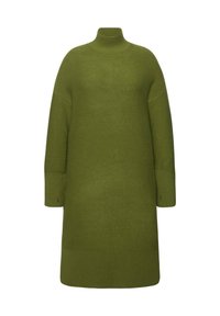 Pull en tricot vert olive avec un col montant, coupe ample et bords côtelés aux poignets et à l'ourlet. Présente une texture douce et des manches mi-longues.