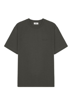 Dark green cotton t-shirt with short sleeves, crew neck, and subtle embossed logo detail on the chest. Classic fit and smooth texture.