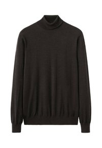 Ciemnobrązowy golf wykonany z miękkiego, dzianinowego materiału. Posiada długie rękawy i dopasowany prążkowany kołnierz. Prosty, klasyczny design.