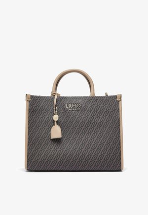 Brown and beige Liu Jo Milano handbag with patterned logo print, beige handles, and a hanging beige leather tag.