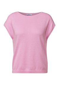 Rosa kortärmad tröja med rund halsringning, tillverkad av mjukt stickad tyg. Har en lös passform och ribbat nederkant. Inga mönster eller detaljer.