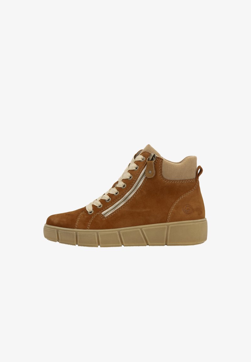 Brown suede high-top sneaker with beige ribbed ankle, cream laces, and side zipper detail. Thick rubber sole with textured pattern.