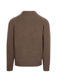 Bruine gebreide trui met een ronde halslijn en geribbelde manchetten en zoom. Zachte textuur, lichtgewicht materiaal, eenvoudig ontwerp en aansluitende pasvorm.