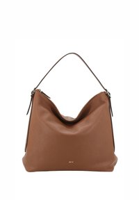 Brown leather hobo bag with a textured finish, curved top, and a single shoulder strap. Features a zip closure and subtle branding.