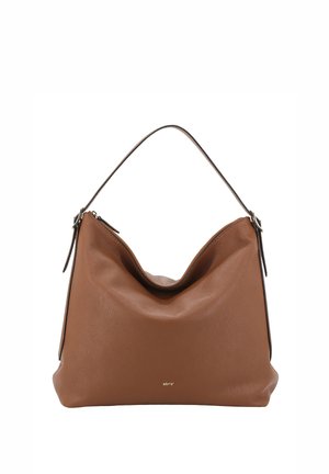 Brown leather hobo bag with a textured finish, curved top, and a single shoulder strap. Features a zip closure and subtle branding.