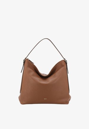 Brown leather hobo bag with a textured finish, curved top, and a single shoulder strap. Features a zip closure and subtle branding.