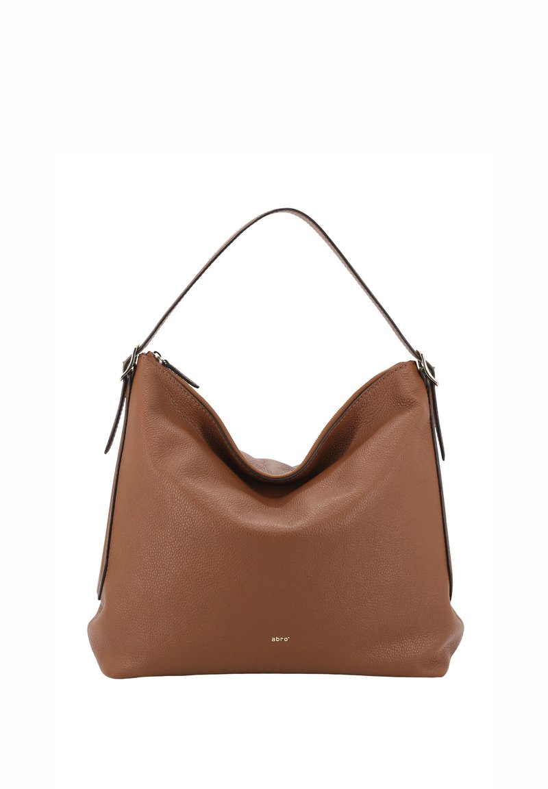 Brown leather hobo bag with a textured finish, curved top, and a single shoulder strap. Features a zip closure and subtle branding.
