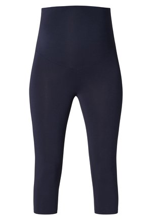Navy blue high-waisted leggings with a smooth texture and fitted design, featuring a seamless waistband and cropped length.