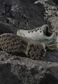Paire de chaussures de randonnée Adidas Terrex vertes et beiges avec semelles Continental robustes posées sur un terrain rocheux.