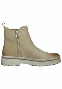 Beige leather ankle boot with side zipper, textured finish, and a white rubber sole featuring a rugged tread pattern. Back pull tab included.