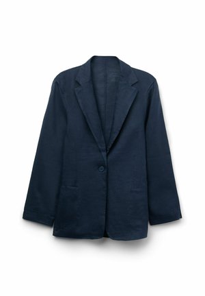 Mørkeblå linnedjakke med enkeltknaplukning, skrårevers, to forlommer og lange ærmer. Glat tekstur, afslappet pasform.