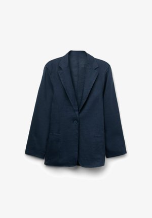 Blazer en lin bleu marine avec une fermeture à un bouton, revers crantés, deux poches avant et manches longues. Texture lisse, coupe décontractée.