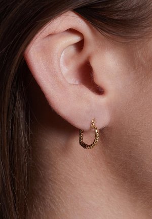 Boucle d'oreille en or tordue attachée au lobe, présentant une finition métallique lisse avec un éclat subtil, vue de profil.