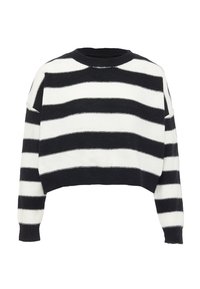 Black and white striped cropped sweater with a round neck, long sleeves, and ribbed cuffs. The stripes vary in width for added texture.