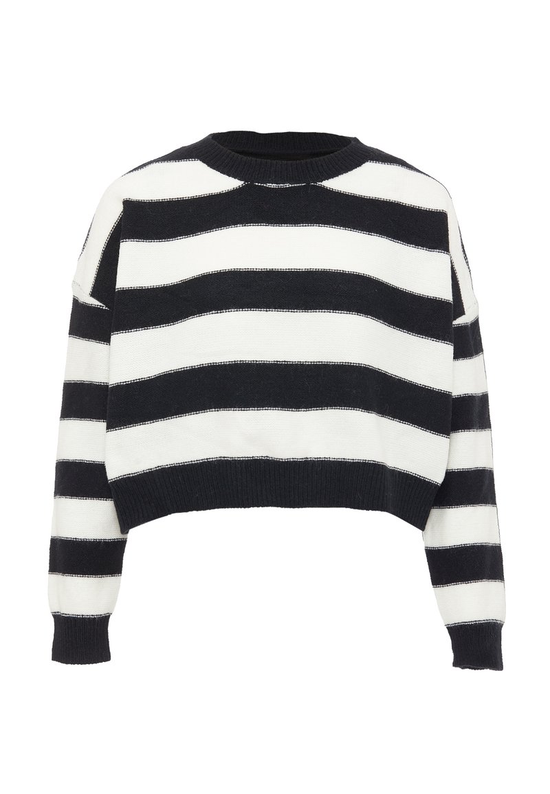 Black and white striped cropped sweater with a round neck, long sleeves, and ribbed cuffs. The stripes vary in width for added texture.