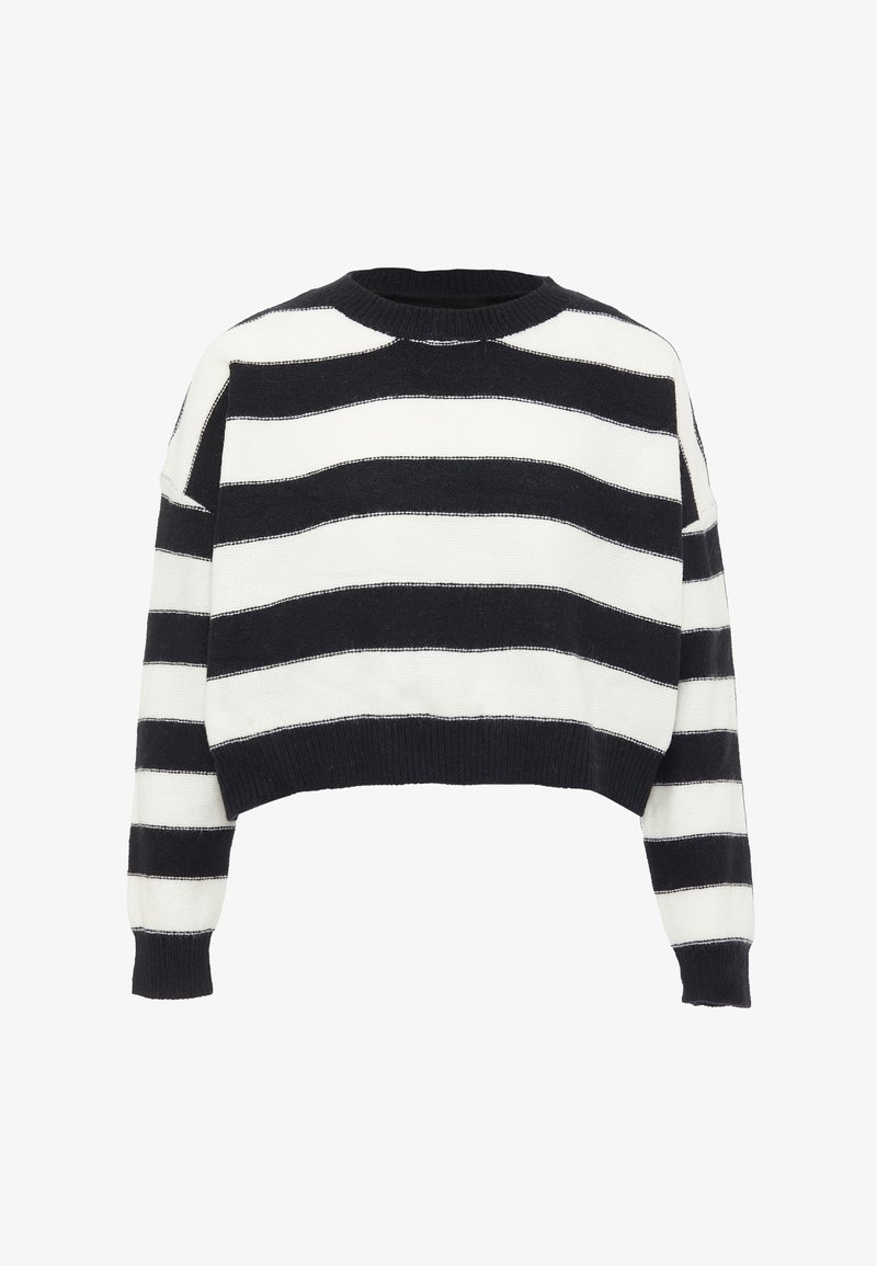 Fekete-fehér csíkos, rövidített pulóver kerek nyakkal, hosszú ujjal és bordázott mandzsettákkal. A csíkok szélessége változó, ami különleges textúrát ad.