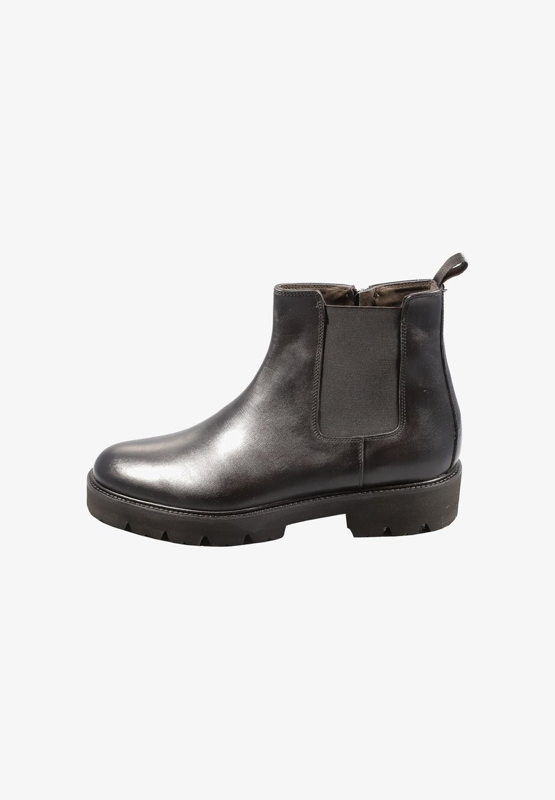 Schwarze Leder-Stiefeletten mit elastischen Seitenteilen, abgerundetem Zehenbereich, dicker Gummisohle und Schlaufe an der Ferse zum leichteren An- und Ausziehen.