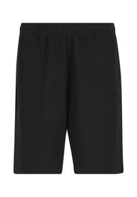 Shorts de sport noirs pour hommes avec ceinture élastique et tissu subtilement texturé, longueur genou, conçus pour une tenue décontractée ou sportive.