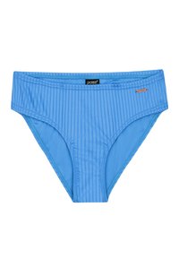Modré bikiny s jemně strukturovaným spodním dílem a elastickým pasem. Na boku se nachází malé černé logo a měděný akcent.