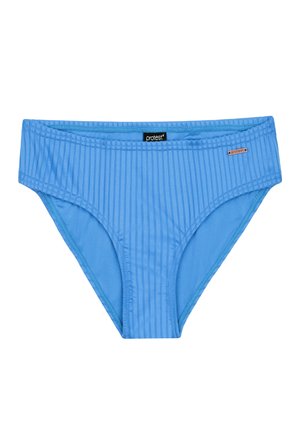 Modré bikiny s jemně strukturovaným spodním dílem a elastickým pasem. Na boku se nachází malé černé logo a měděný akcent.
