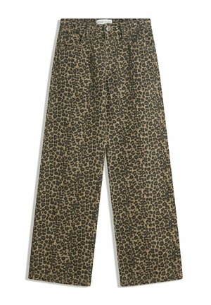 Hoch taillierte, weit geschnittene Hose mit braun-schwarzem Leopardenmuster und vorderem Knopfverschluss.