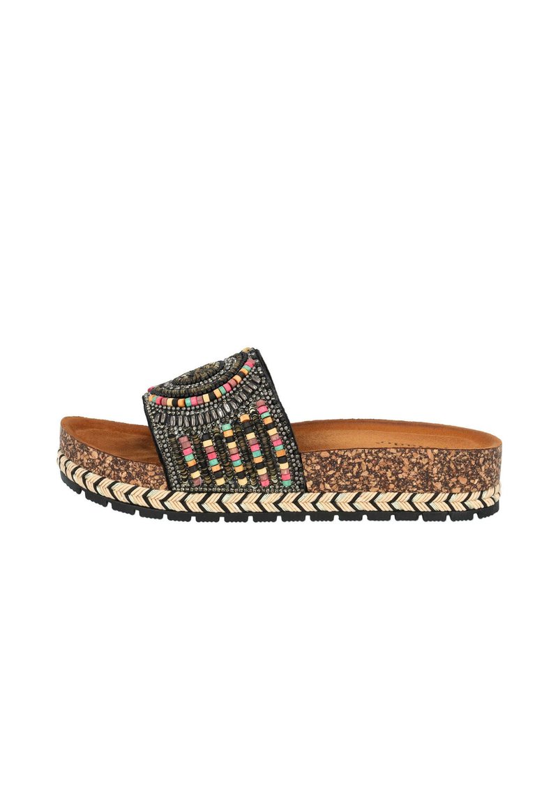 Schwarze Rutsch-Sandale mit perlenbesticktem Obermaterial, das farbenfrohe Muster zeigt, Kork-Zwischensohle und geflochtenem Jute-Detail an der Außensohle.